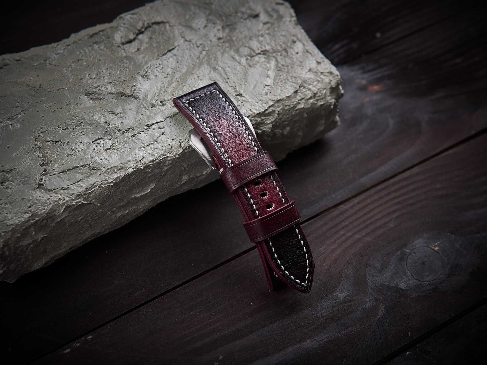 Patina bordeaux veg tan leather Panerai strap. Customizable size and details.-2 Moons Leather