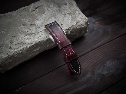 Patina bordeaux veg tan leather Panerai strap. Customizable size and details.-2 Moons Leather