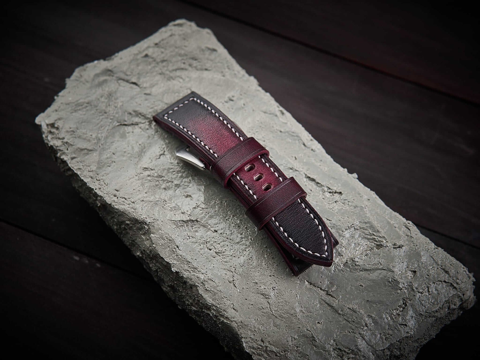 Patina bordeaux veg tan leather Panerai strap. Customizable size and details.-2 Moons Leather
