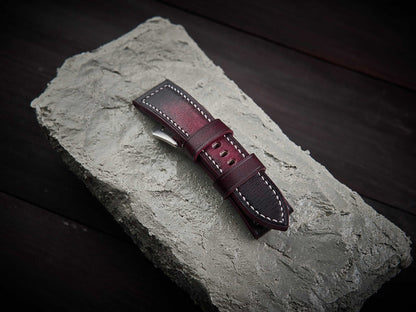 Patina bordeaux veg tan leather Panerai strap. Customizable size and details.-2 Moons Leather