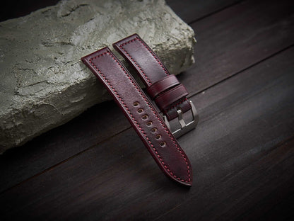 Bordeaux red veg tan leather Panerai strap. Customizable size and details.-2 Moons Leather