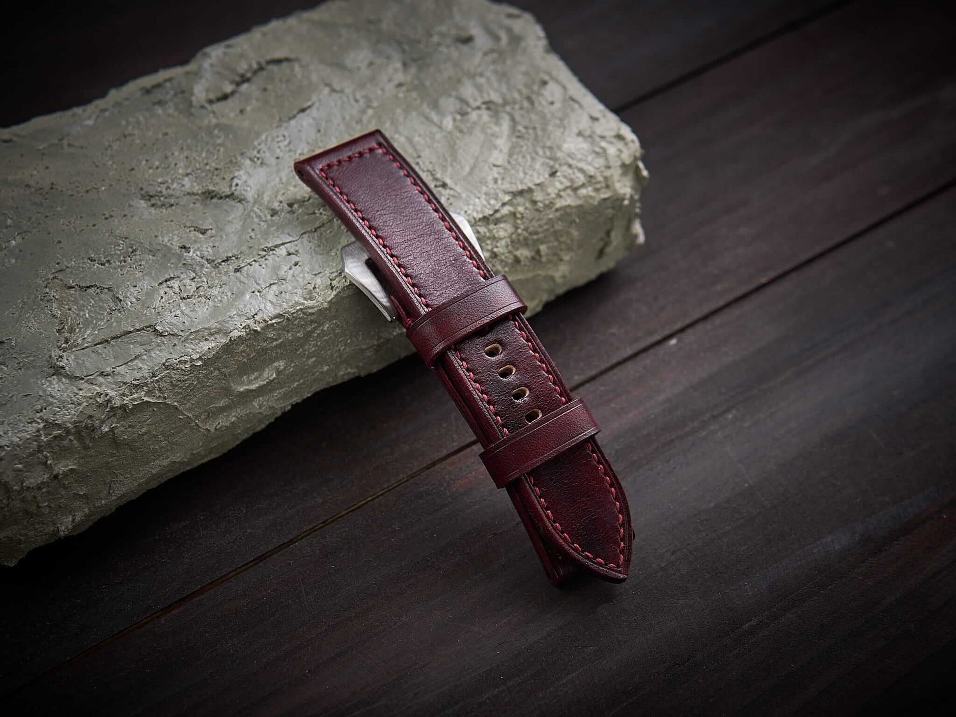 Bordeaux red veg tan leather Panerai strap. Customizable size and details.-2 Moons Leather