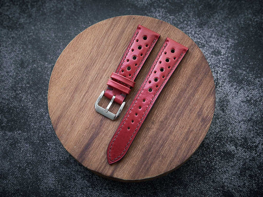 Bordeaux red veg tan leather rally strap. Customizable size and details.-2 Moons Leather