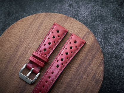 Bordeaux red veg tan leather rally strap. Customizable size and details.-2 Moons Leather