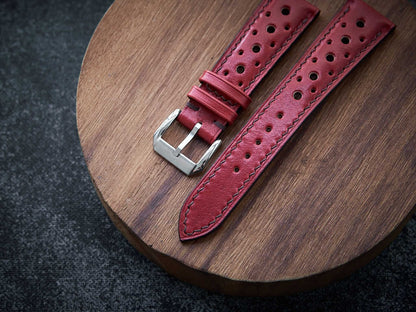 Bordeaux red veg tan leather rally strap. Customizable size and details.-2 Moons Leather