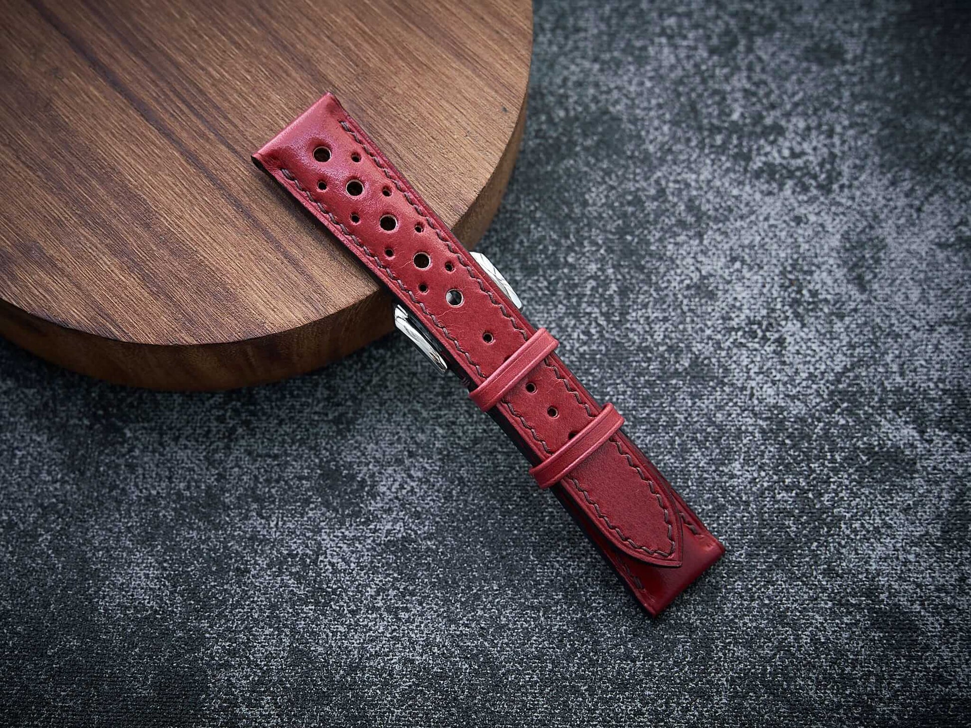 Bordeaux red veg tan leather rally strap. Customizable size and details.-2 Moons Leather