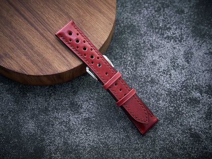 Bordeaux red veg tan leather rally strap. Customizable size and details.-2 Moons Leather