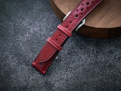 Bordeaux red veg tan leather rally strap. Customizable size and details.-2 Moons Leather