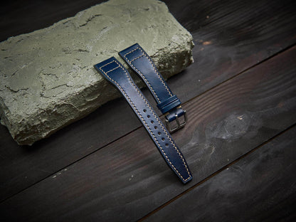 Dark blue tan leather pilot strap. Customizable IWC strap.-2 Moons Leather