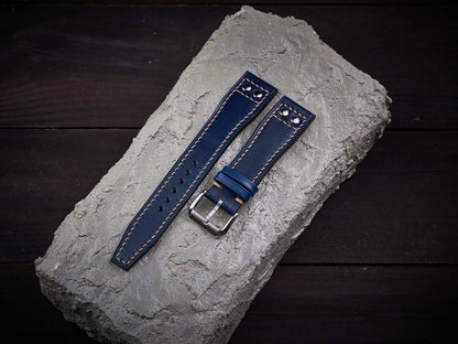 Dark blue veg tan leather rivet pilot strap. Customizable IWC strap.-2 Moons Leather