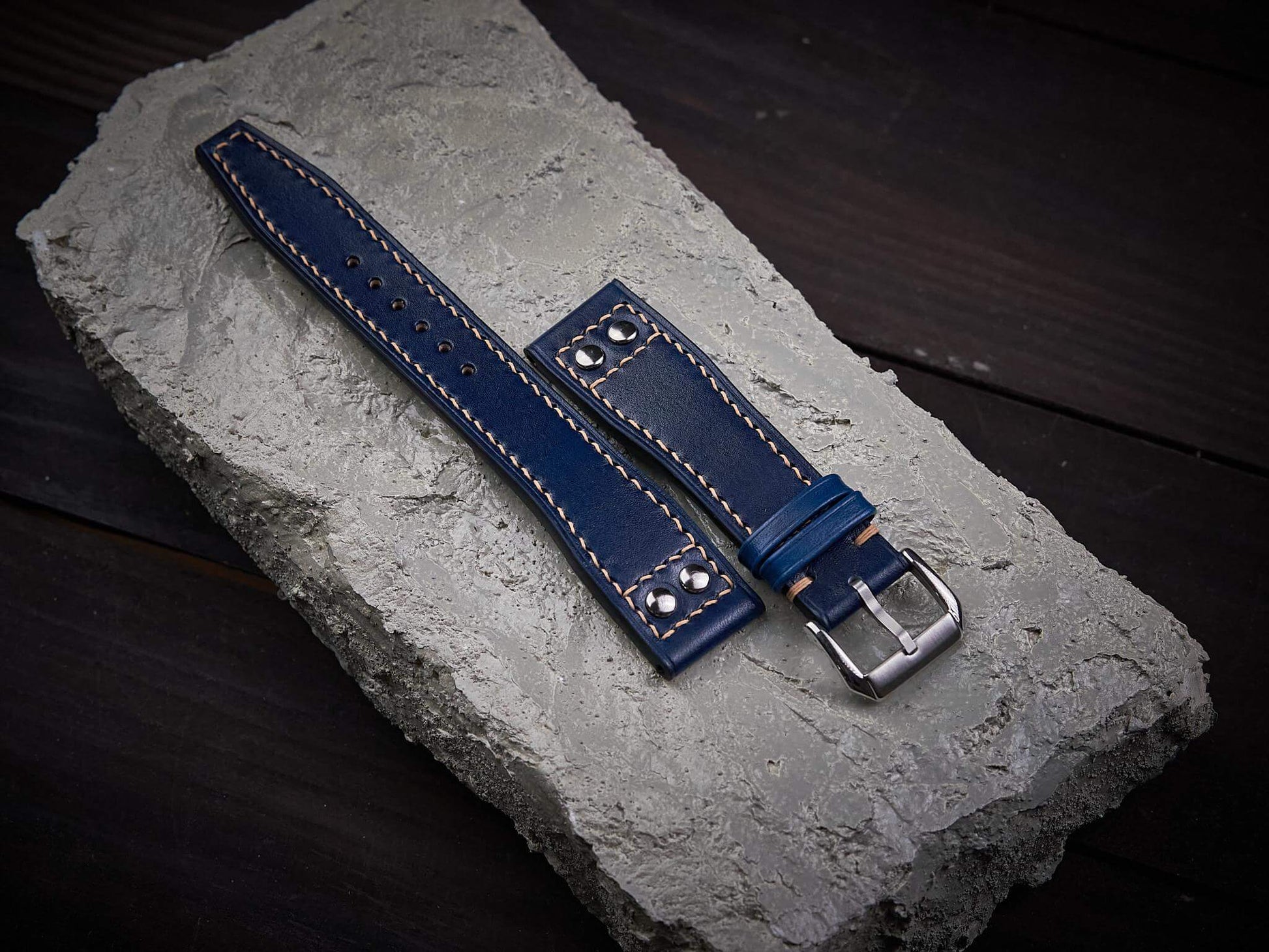Dark blue veg tan leather rivet pilot strap. Customizable IWC strap.-2 Moons Leather