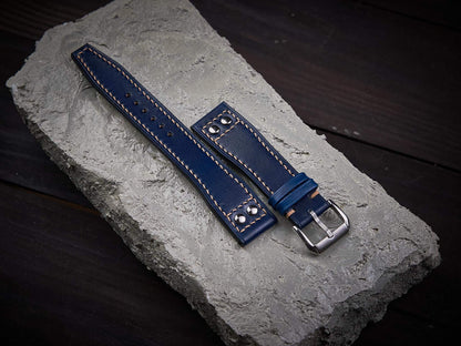 Dark blue veg tan leather rivet pilot strap. Customizable IWC strap.-2 Moons Leather