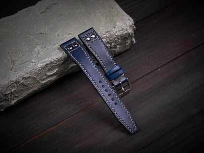 Dark blue veg tan leather rivet pilot strap. Customizable IWC strap.-2 Moons Leather
