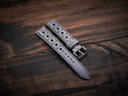 Gray veg tan leather rally strap. Customizable size and details.-2 Moons Leather