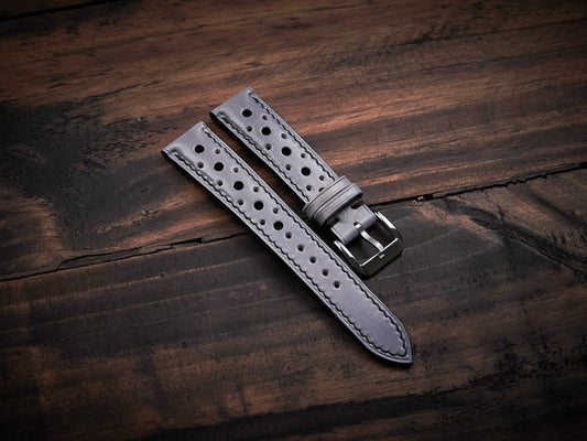 Gray veg tan leather rally strap. Customizable size and details.-2 Moons Leather