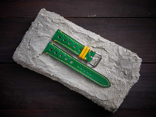 Green mix yellow veg tan leather rally strap. Customizable size and details.-2 Moons Leather