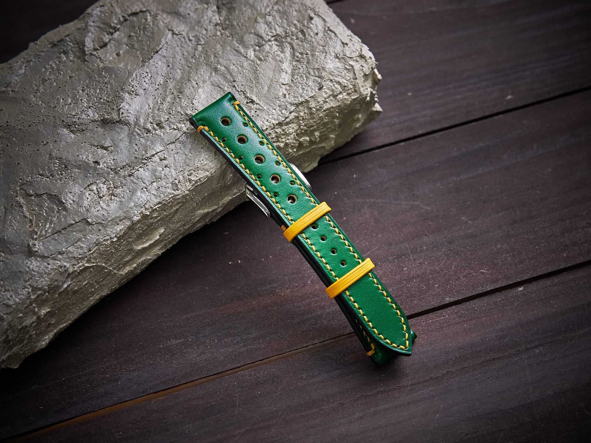 Green mix yellow veg tan leather rally strap. Customizable size and details.-2 Moons Leather