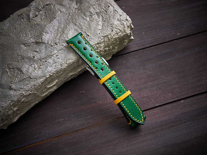 Green mix yellow veg tan leather rally strap. Customizable size and details.-2 Moons Leather