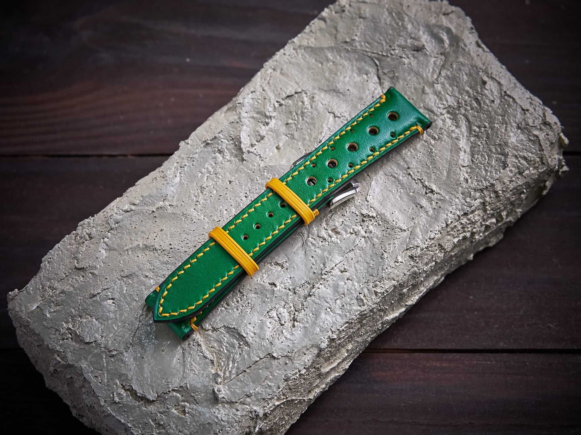 Green mix yellow veg tan leather rally strap. Customizable size and details.-2 Moons Leather