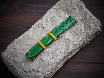 Green mix yellow veg tan leather rally strap. Customizable size and details.-2 Moons Leather