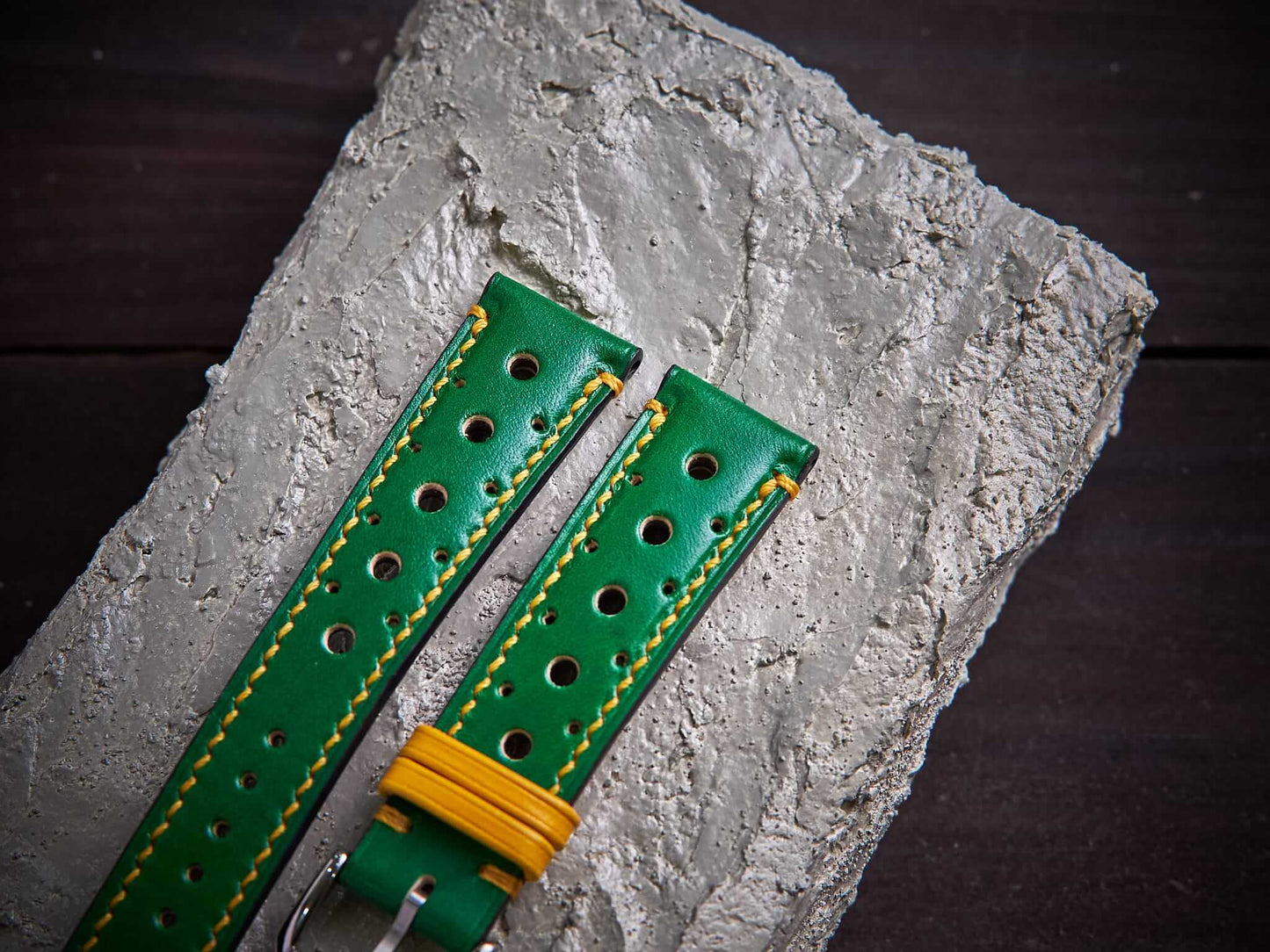 Green mix yellow veg tan leather rally strap. Customizable size and details.-2 Moons Leather