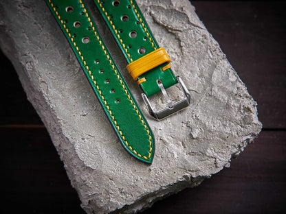Green mix yellow veg tan leather rally strap. Customizable size and details.-2 Moons Leather