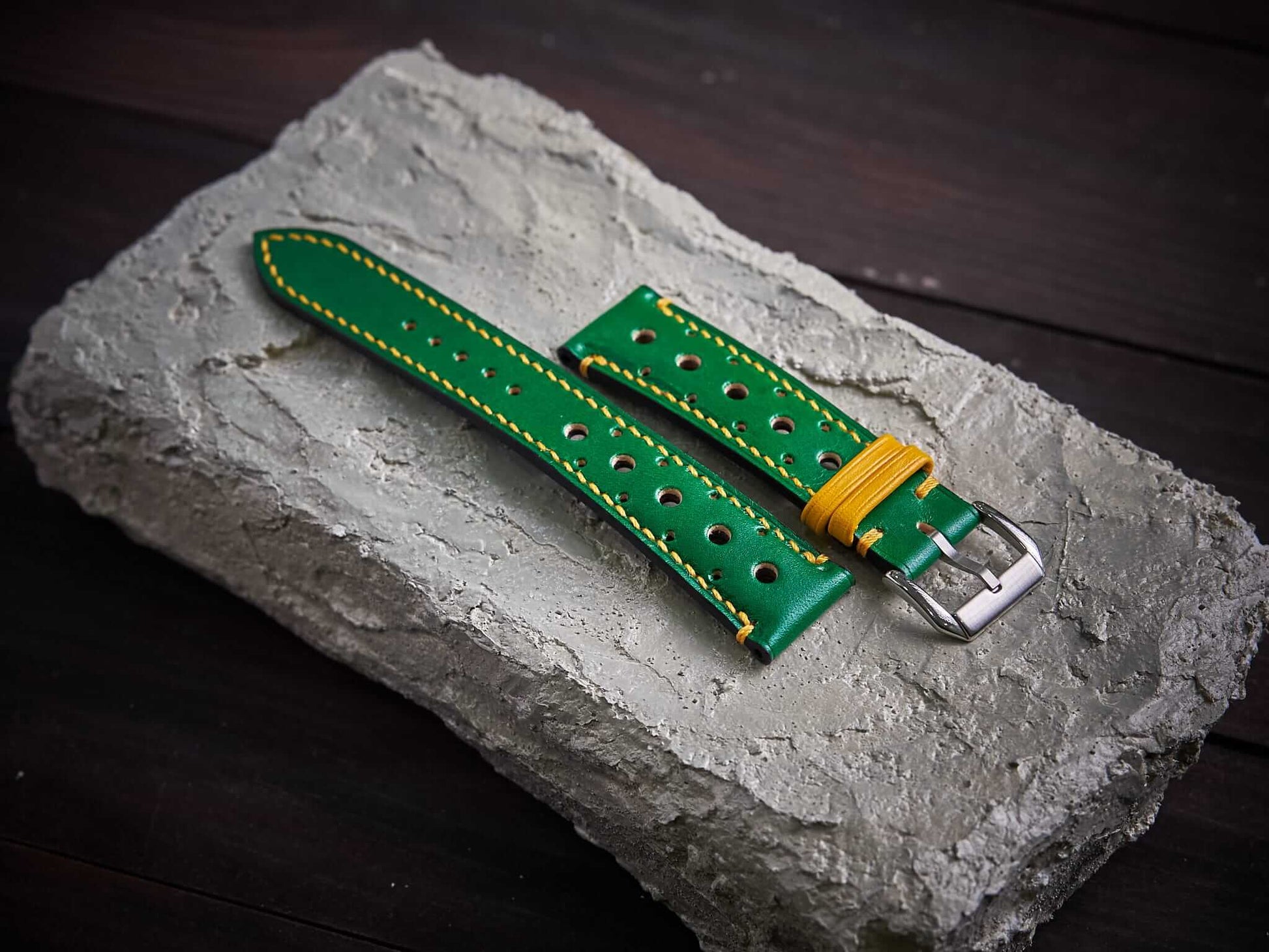 Green mix yellow veg tan leather rally strap. Customizable size and details.-2 Moons Leather
