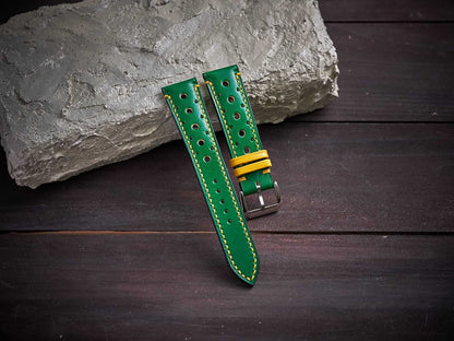 Green mix yellow veg tan leather rally strap. Customizable size and details.-2 Moons Leather