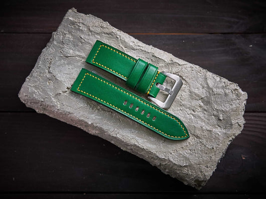 Green veg tan leather Panerai strap with yellow stitch. Customizable size and details.-2 Moons Leather