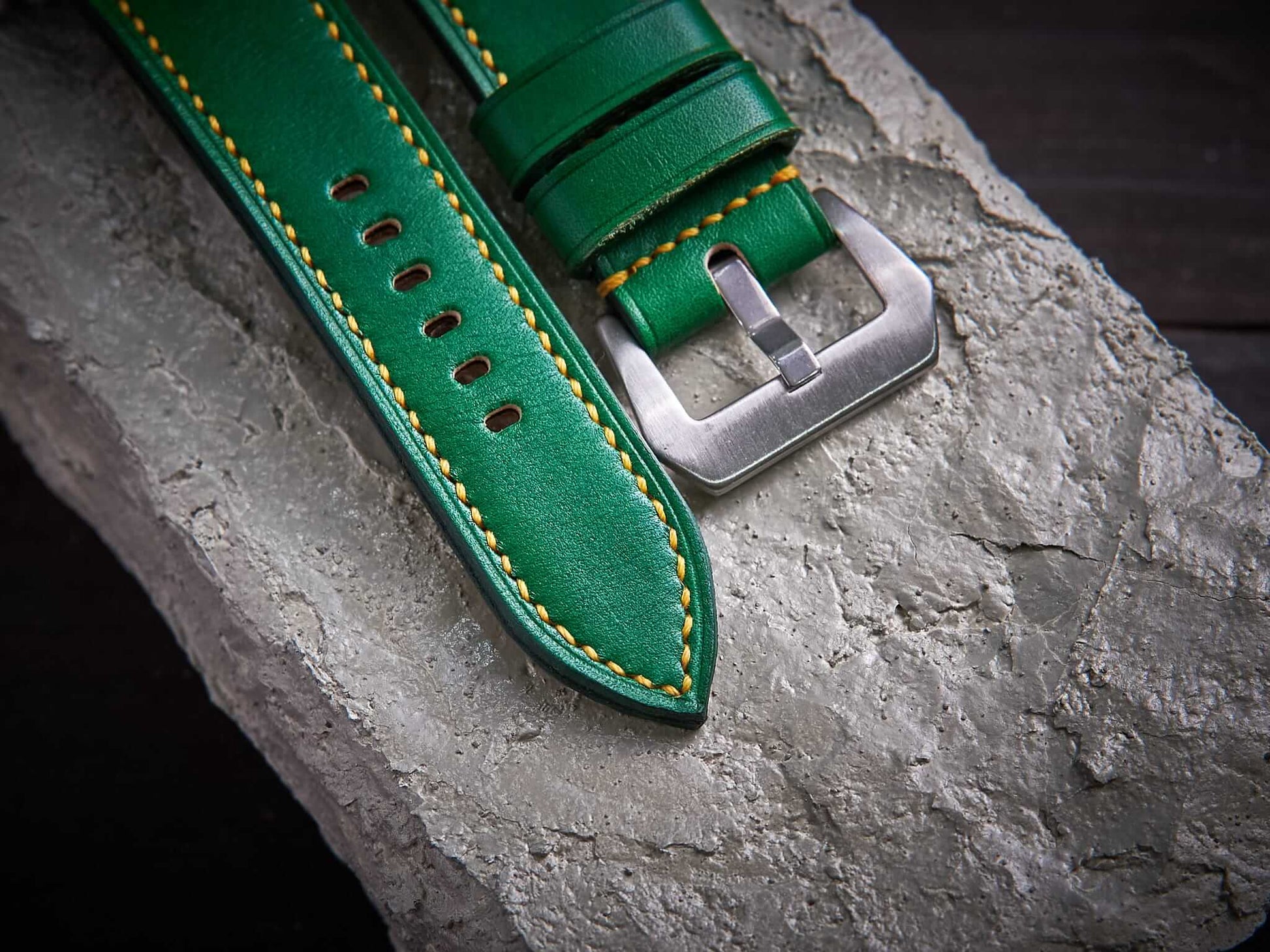 Green veg tan leather Panerai strap with yellow stitch. Customizable size and details.-2 Moons Leather