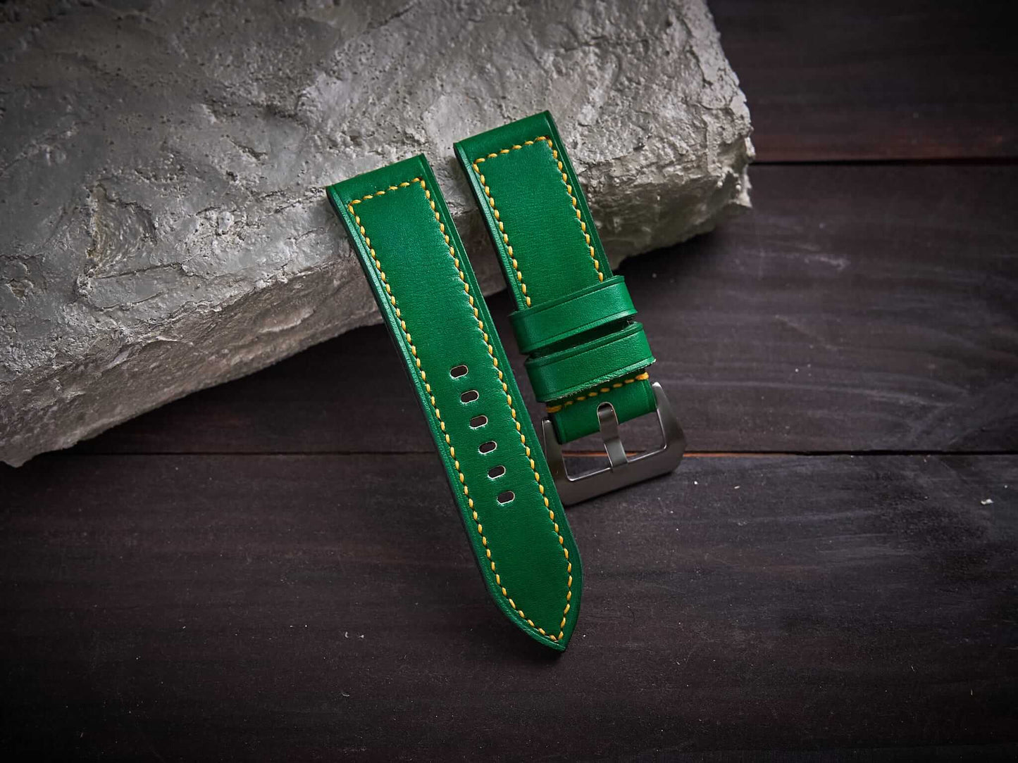 Green veg tan leather Panerai strap with yellow stitch. Customizable size and details.-2 Moons Leather