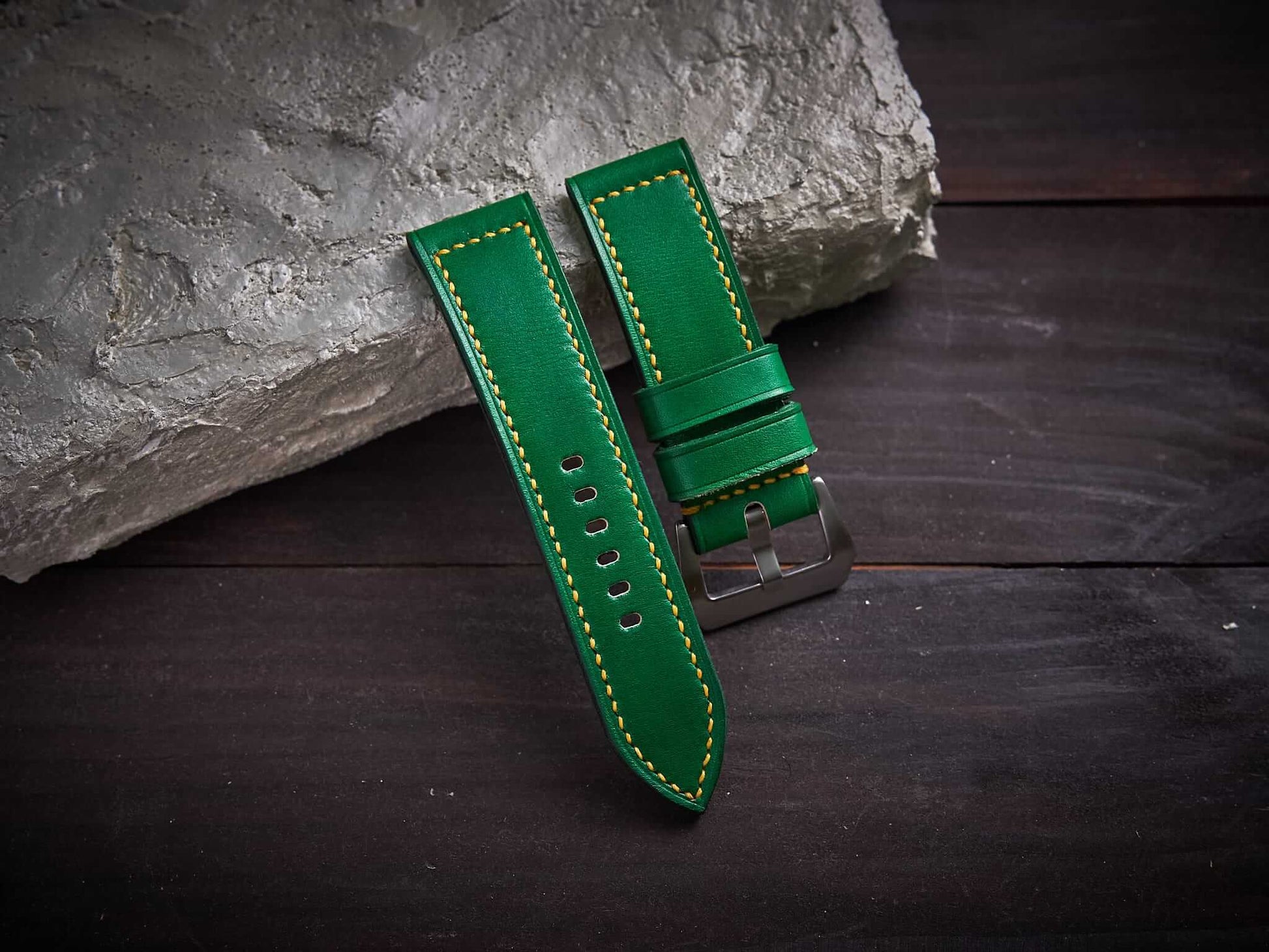 Green veg tan leather Panerai strap with yellow stitch. Customizable size and details.-2 Moons Leather