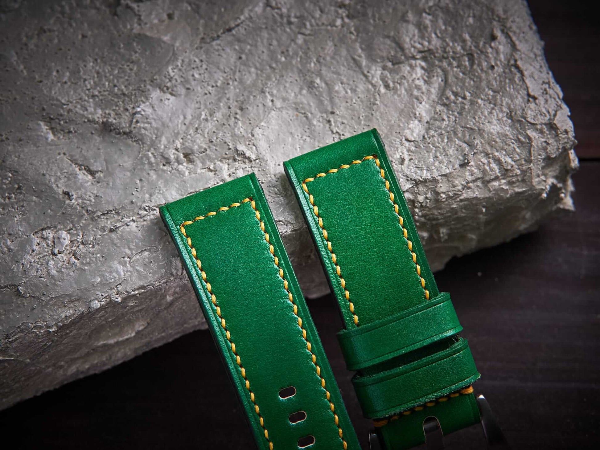 Green veg tan leather Panerai strap with yellow stitch. Customizable size and details.-2 Moons Leather