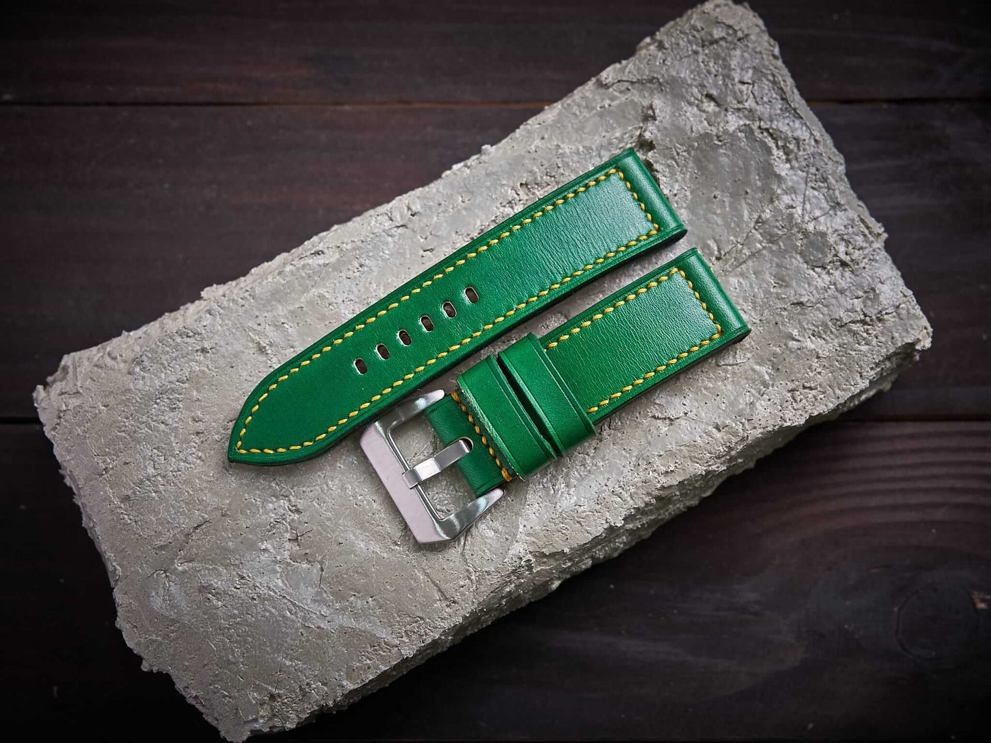 Green veg tan leather Panerai strap with yellow stitch. Customizable size and details.-2 Moons Leather