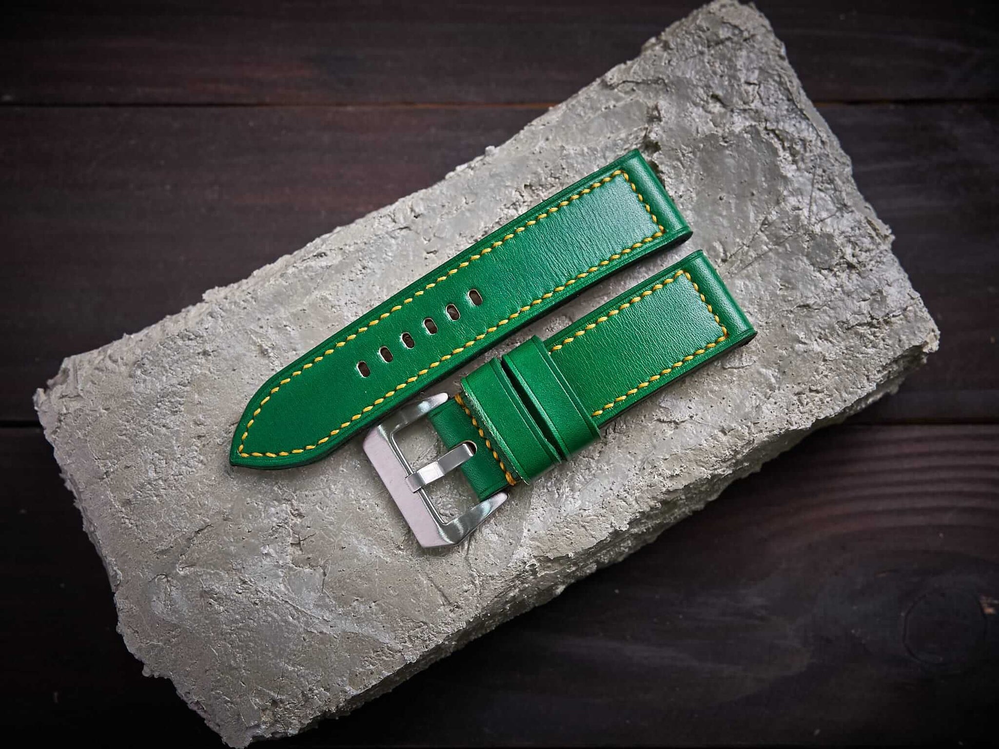 Green veg tan leather Panerai strap with yellow stitch. Customizable size and details.-2 Moons Leather