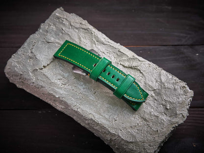 Green veg tan leather Panerai strap with yellow stitch. Customizable size and details.-2 Moons Leather