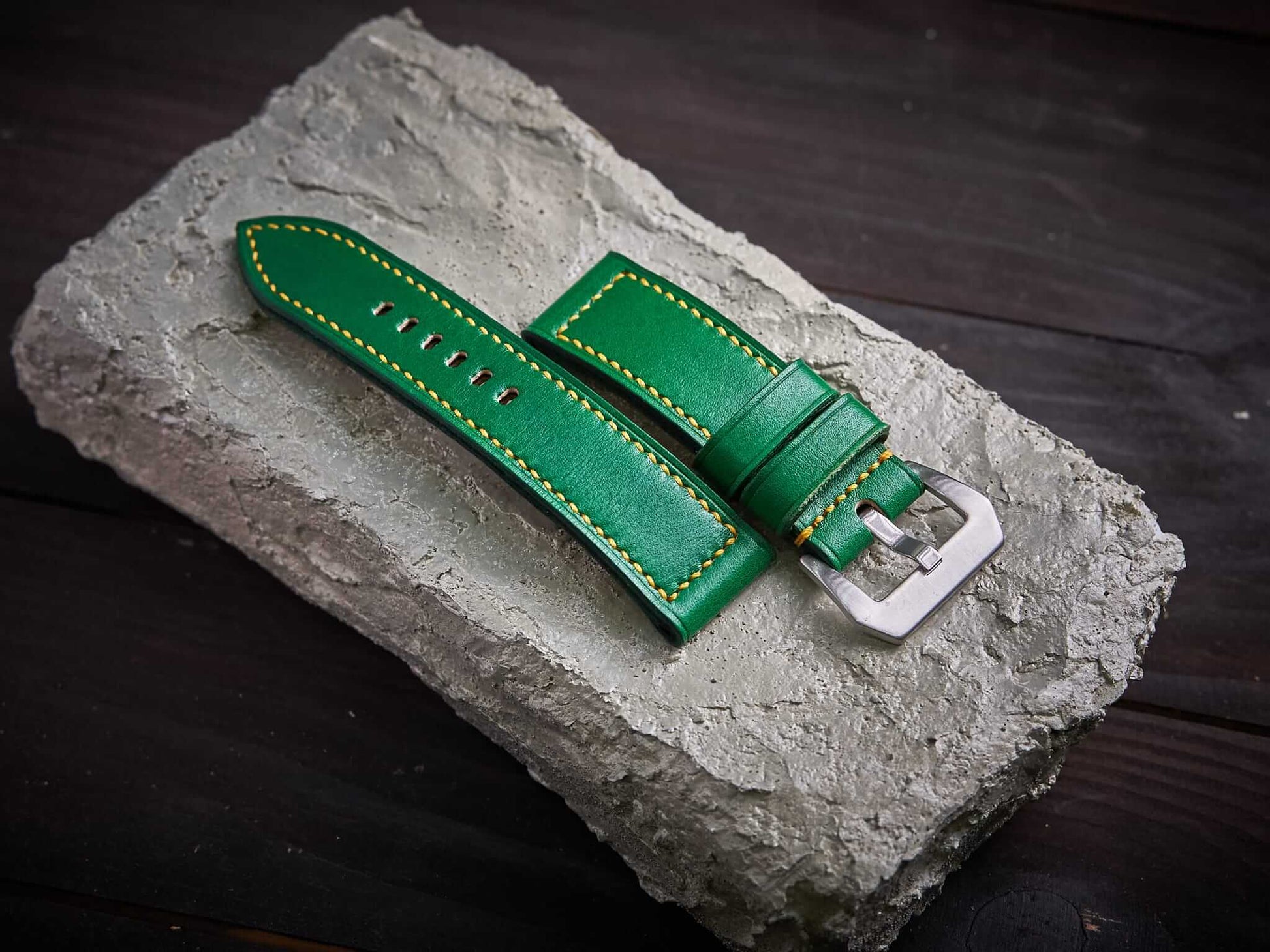 Green veg tan leather Panerai strap with yellow stitch. Customizable size and details.-2 Moons Leather