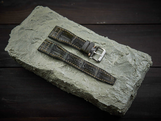 Olive green alligator leather pilot strap. Customizable IWC strap.-2 Moons Leather