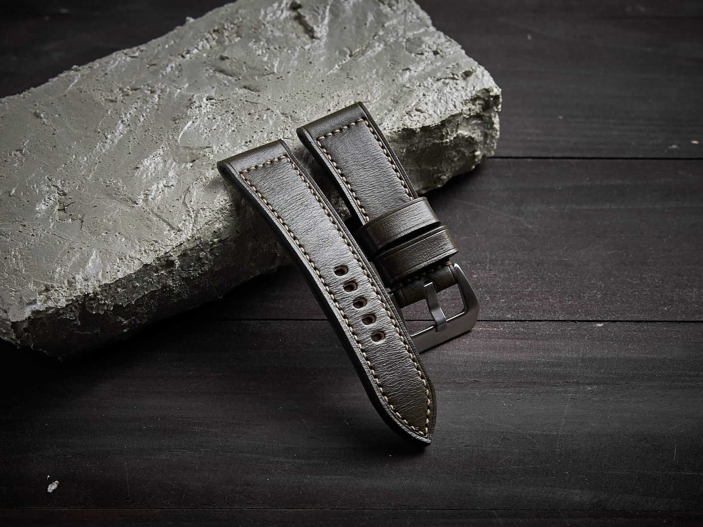 Olive green veg tan leather Panerai strap. Customizable size and details.-2 Moons Leather