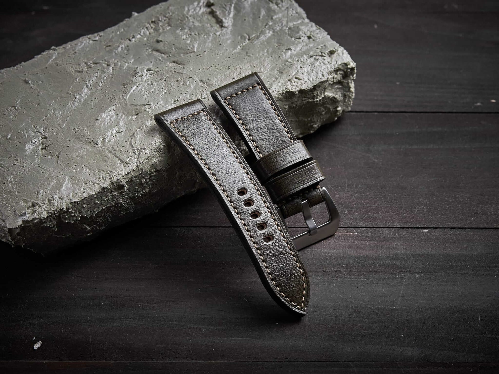 Olive green veg tan leather Panerai strap. Customizable size and details.-2 Moons Leather