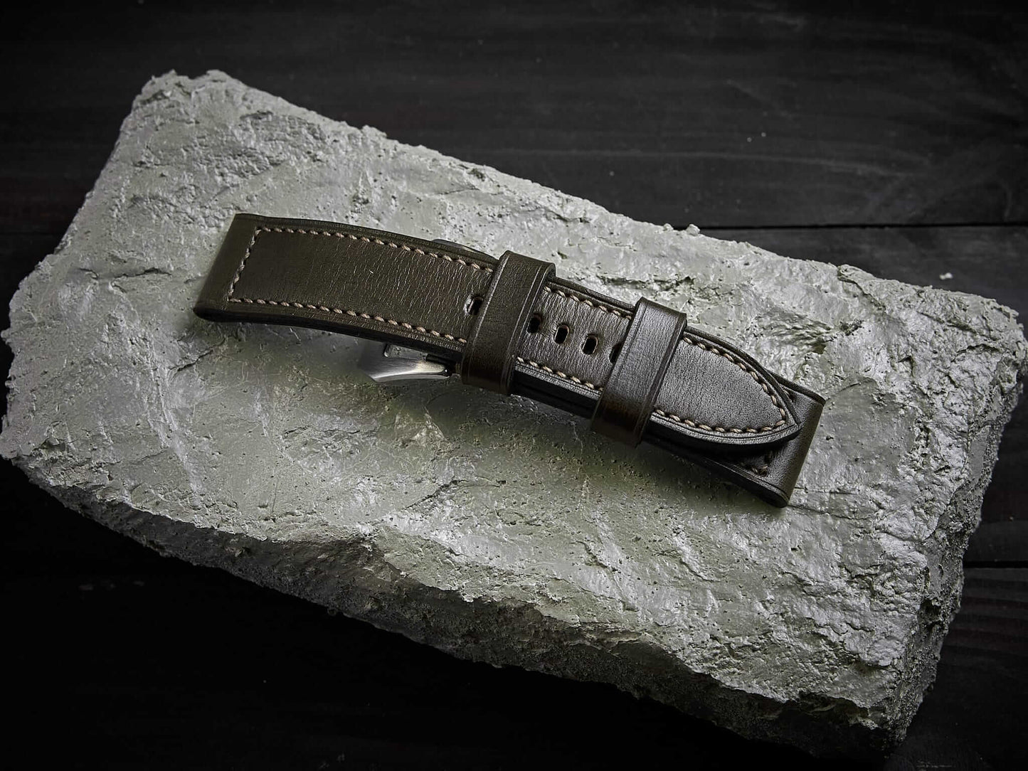 Olive green veg tan leather Panerai strap. Customizable size and details.-2 Moons Leather