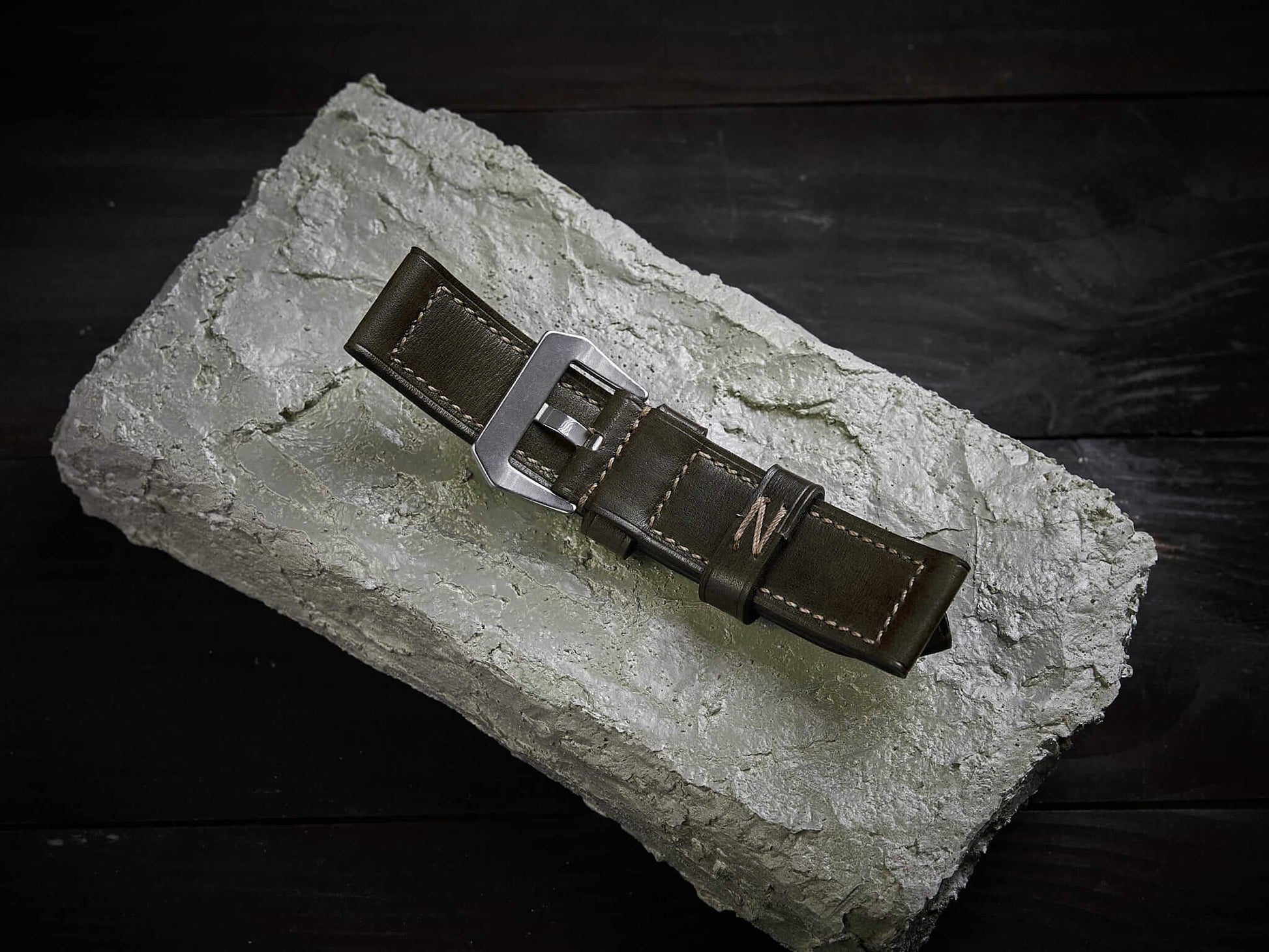 Olive green veg tan leather Panerai strap. Customizable size and details.-2 Moons Leather