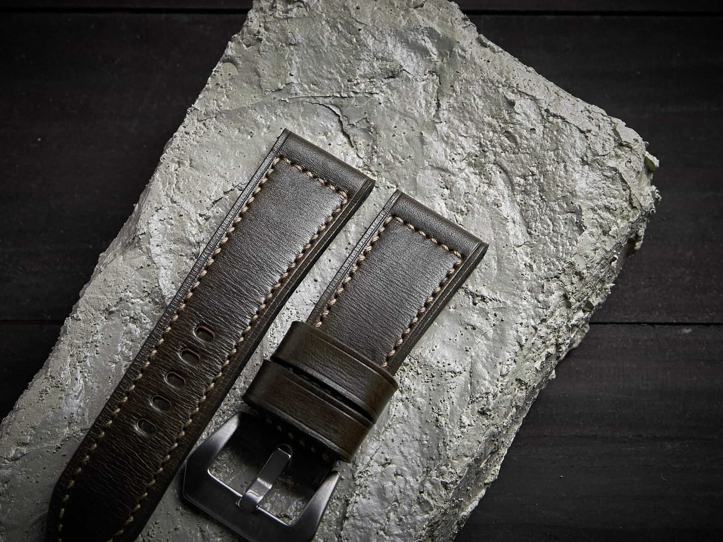 Olive green veg tan leather Panerai strap. Customizable size and details.-2 Moons Leather