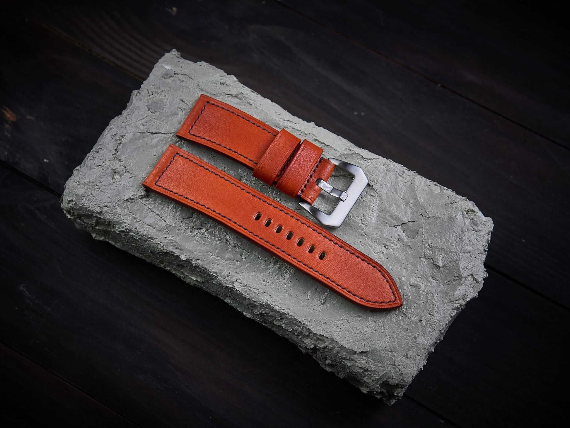 Orange veg tan leather Panerai strap. Customizable size and details.-2 Moons Leather