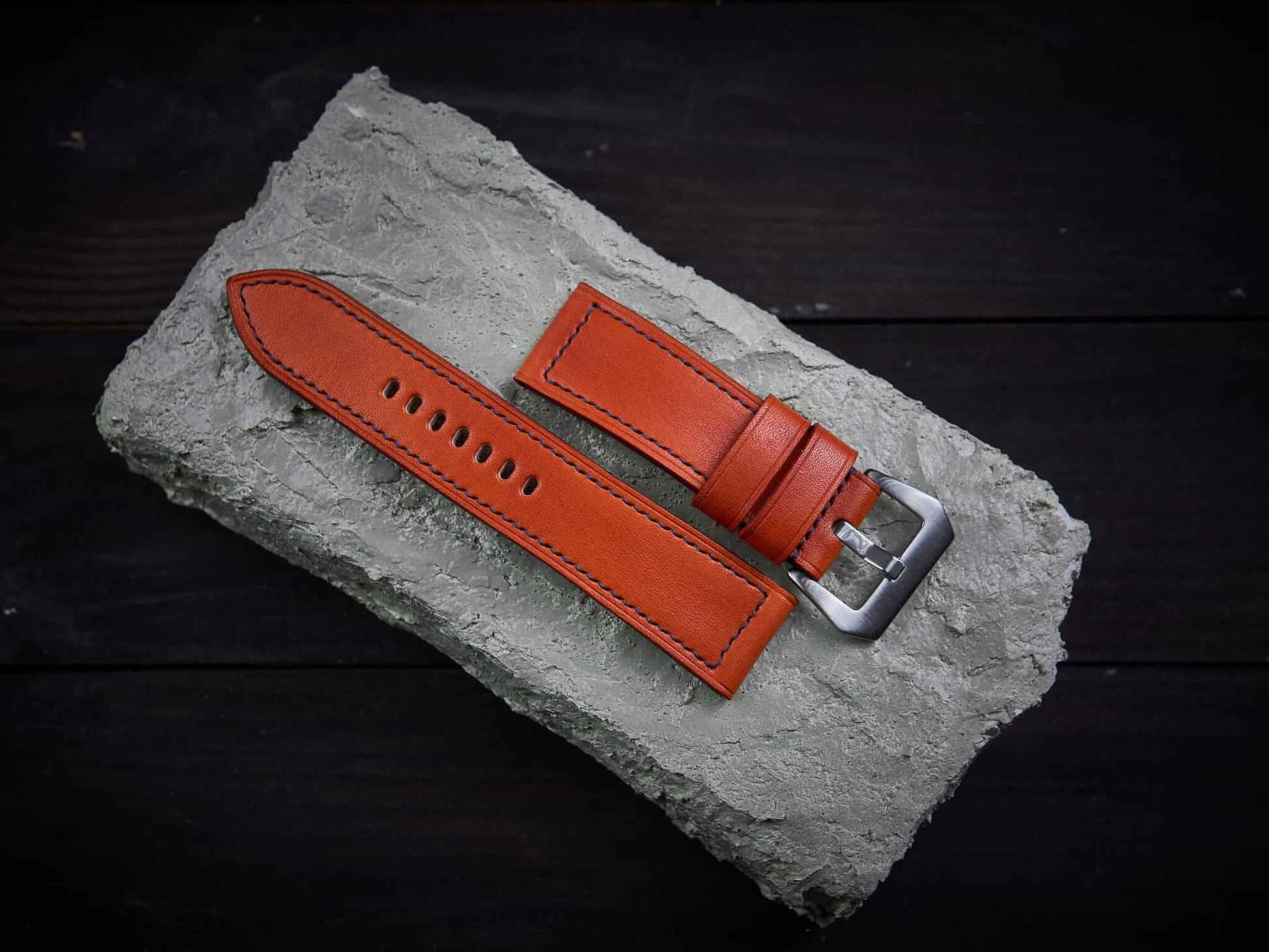 Orange veg tan leather Panerai strap. Customizable size and details.-2 Moons Leather
