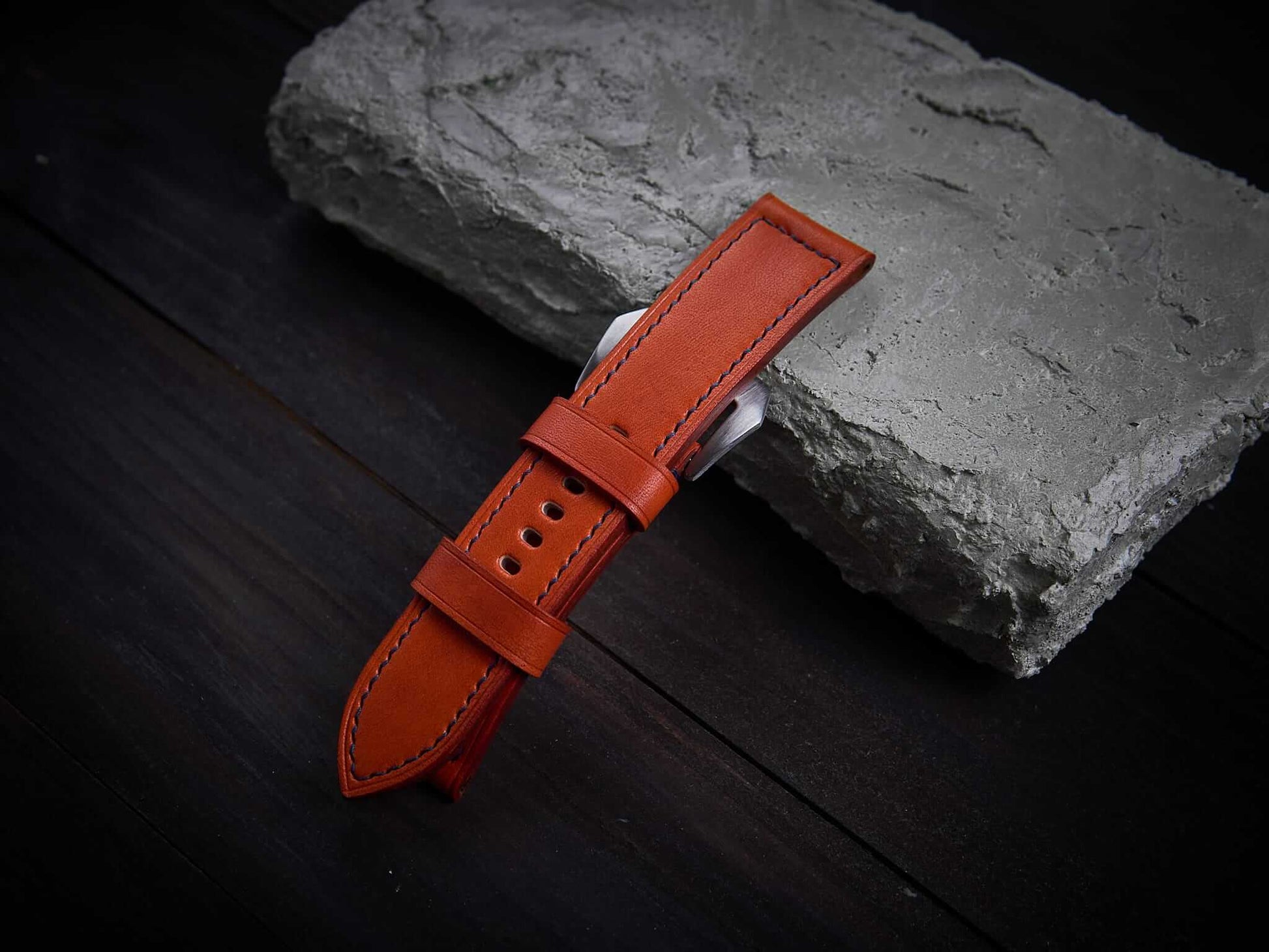 Orange veg tan leather Panerai strap. Customizable size and details.-2 Moons Leather
