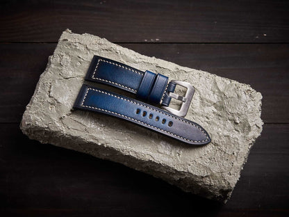 Patina blue veg tan leather Panerai strap. Customizable size and details.-2 Moons Leather