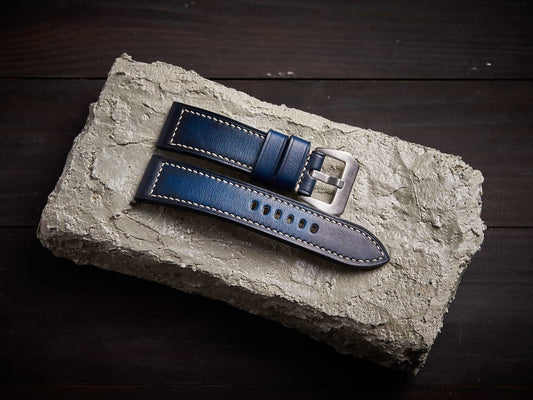 Patina blue veg tan leather Panerai strap. Customizable size and details.-2 Moons Leather