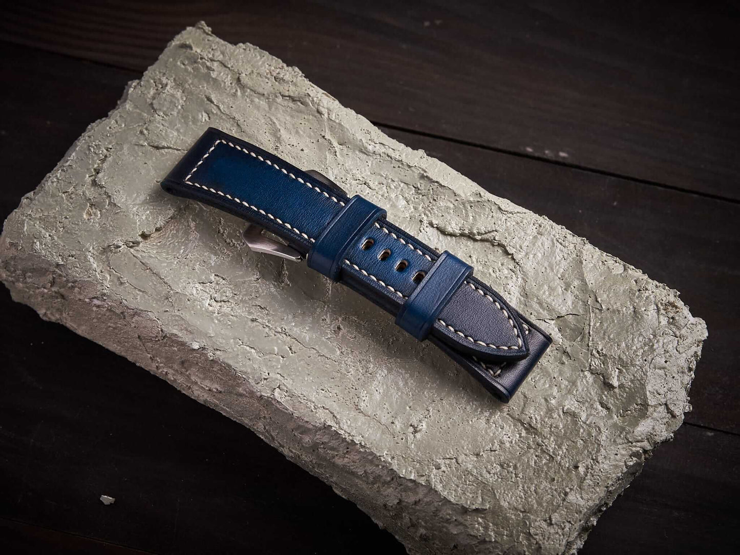 Patina blue veg tan leather Panerai strap. Customizable size and details.-2 Moons Leather