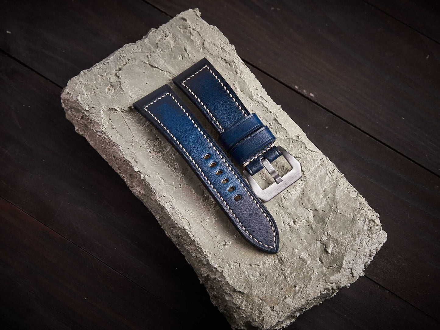 Patina blue veg tan leather Panerai strap. Customizable size and details.-2 Moons Leather